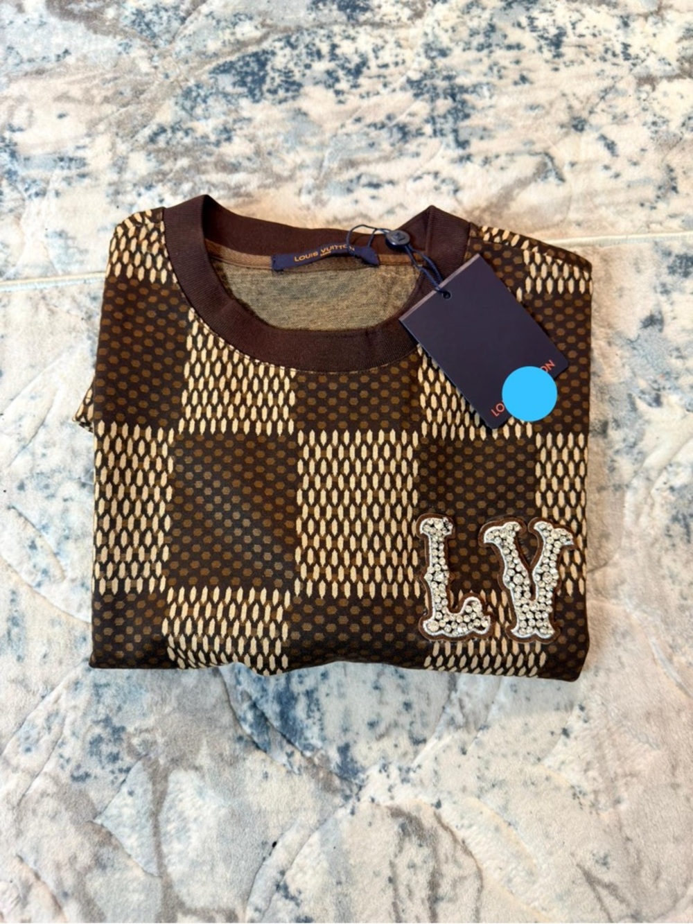 Brown & Cream Checker Knit Sweater with Embellished
